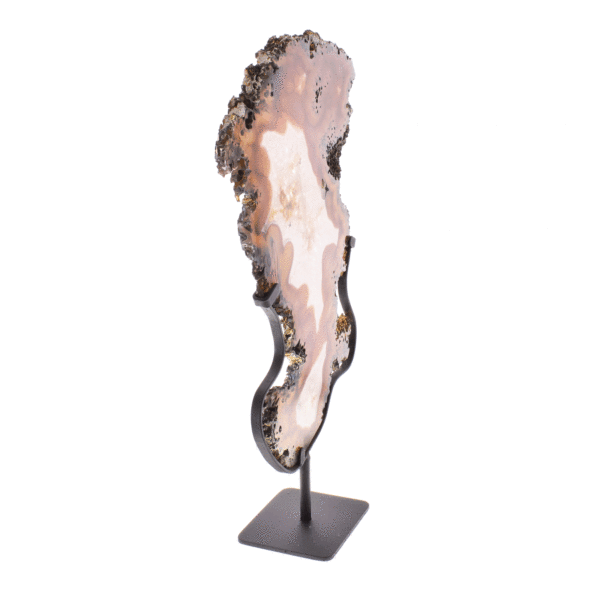 Slice of natural agate gemstone, placed on a black metallic base. The Agate is polished on both sides and the product has a height of 43cm. Buy online shop.