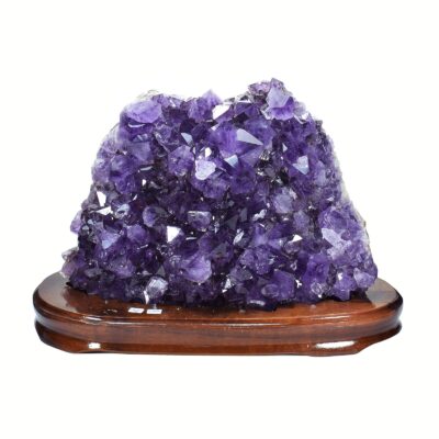 Raw piece of amethyst, placed on a wooden base, with a height of 19cm. Buy online shop.