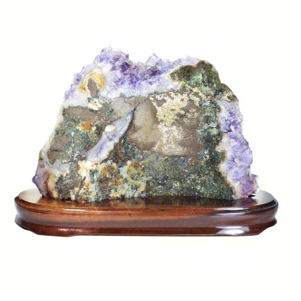 Raw piece of amethyst, placed on a wooden base, with a height of 19cm. Buy online shop.