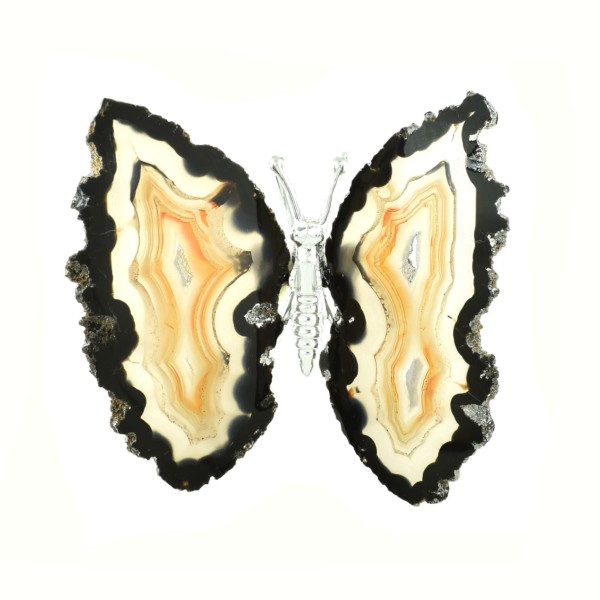 Butterfly with body made of silver plated metal and polished wings made of Agate, with a length of 9cm. Buy online shop.