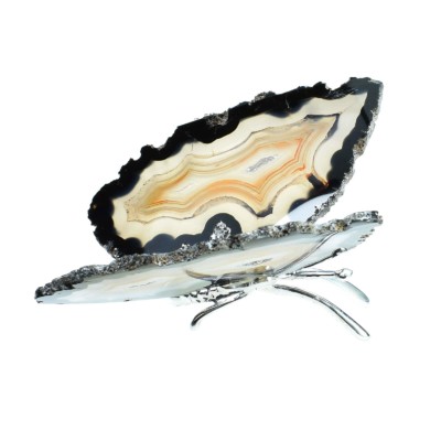 Πεταλούδα με σώμα από επαργυρωμένο μέταλλο και γυαλισμένα φτερά από πράσινο Αχάτη, μήκους 9cm. Αγοράστε online shop.