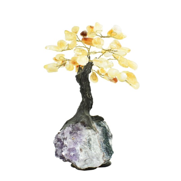 Tree with polished leaves of citrine quartz and base of raw amethyst piece, with a height of 16cm. Buy online shop.