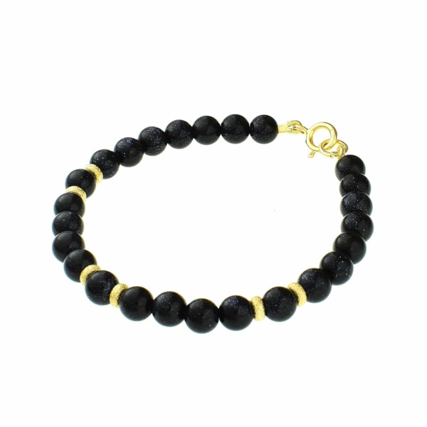 Handmade bracelet with blue Goldstone and decorative elements made of gold plated sterling silver. Buy online shop.