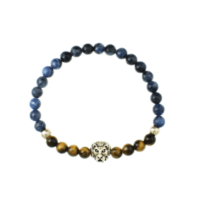 Handmade bracelet with Tiger Eye, Sodalite and a lion head made of steel, as a central element. The stones are threaded on an extra quality silicone elastic and the bracelets are decorated with sterling silver elements. Buy online shop.