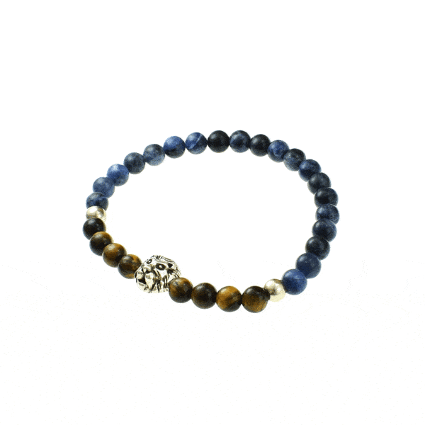 Handmade bracelet with Tiger Eye, Sodalite and a lion head made of steel, as a central element. The stones are threaded on an extra quality silicone elastic and the bracelets are decorated with sterling silver elements. Buy online shop.