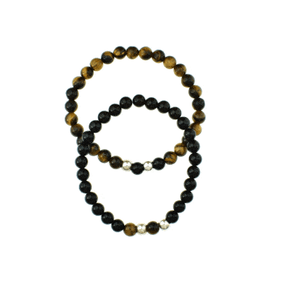 Handmade bracelets with Tiger Eye and Onyx gemstones. The stones are threaded on an extra quality silicone elastic and the bracelets are decorated with sterling silver elements. Buy online shop.