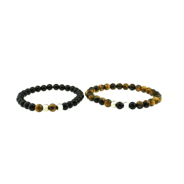 Handmade bracelets with Tiger Eye and Onyx gemstones. The stones are threaded on an extra quality silicone elastic and the bracelets are decorated with sterling silver elements. Buy online shop.