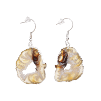 Earrings made of silver plated hypoallergenic metal and natural agate gemstone with crystal quartz. The earrings have a length of 5cm. Buy online shop.