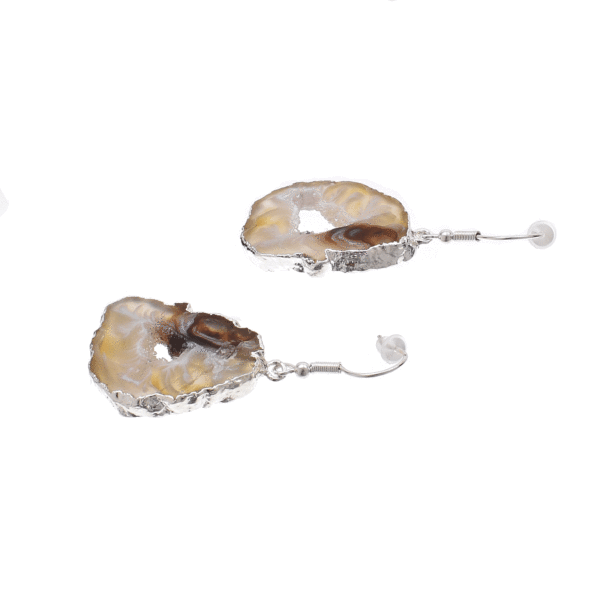 Earrings made of silver plated hypoallergenic metal and natural agate gemstone with crystal quartz. The earrings have a length of 5cm. Buy online shop.