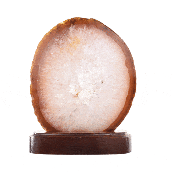Slice of natural Agate gemstone with crystal quartz, placed on a wooden base. The Agate is polished on the front side and it has a height of 14cm. Buy online shop.