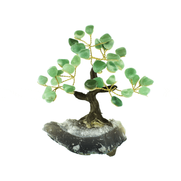 Handmade tree with polished Aventurine leaves and raw Amethyst base. The tree has a height of 10cm. Buy online shop.