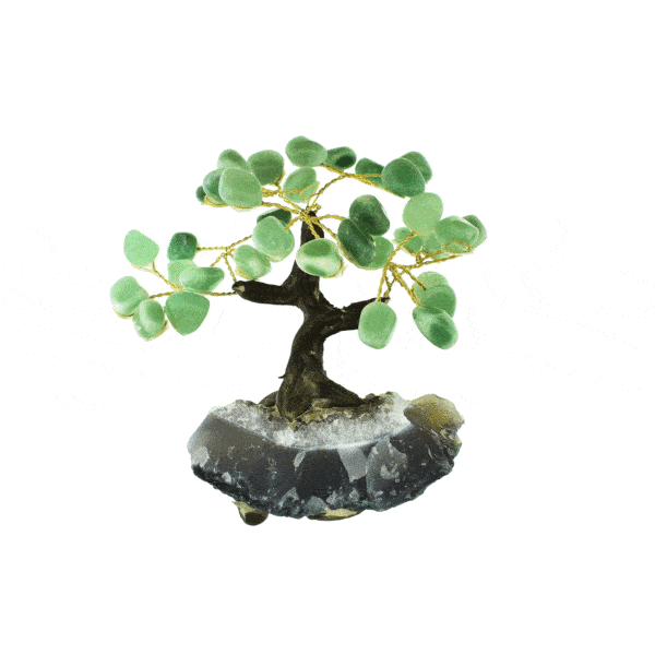 Handmade tree with polished Aventurine leaves and raw Amethyst base. The tree has a height of 10cm. Buy online shop.