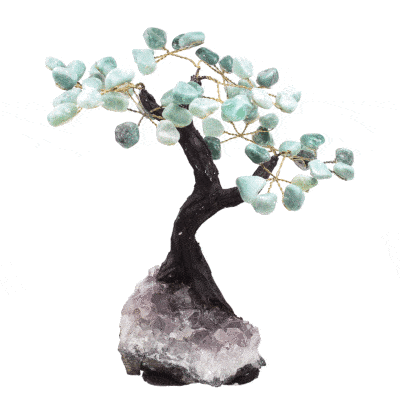 Handmade tree with polished leaves made from natural aventurine gemstone and raw amethyst gemstone base. The tree has a height of 20cm. Buy online shop.