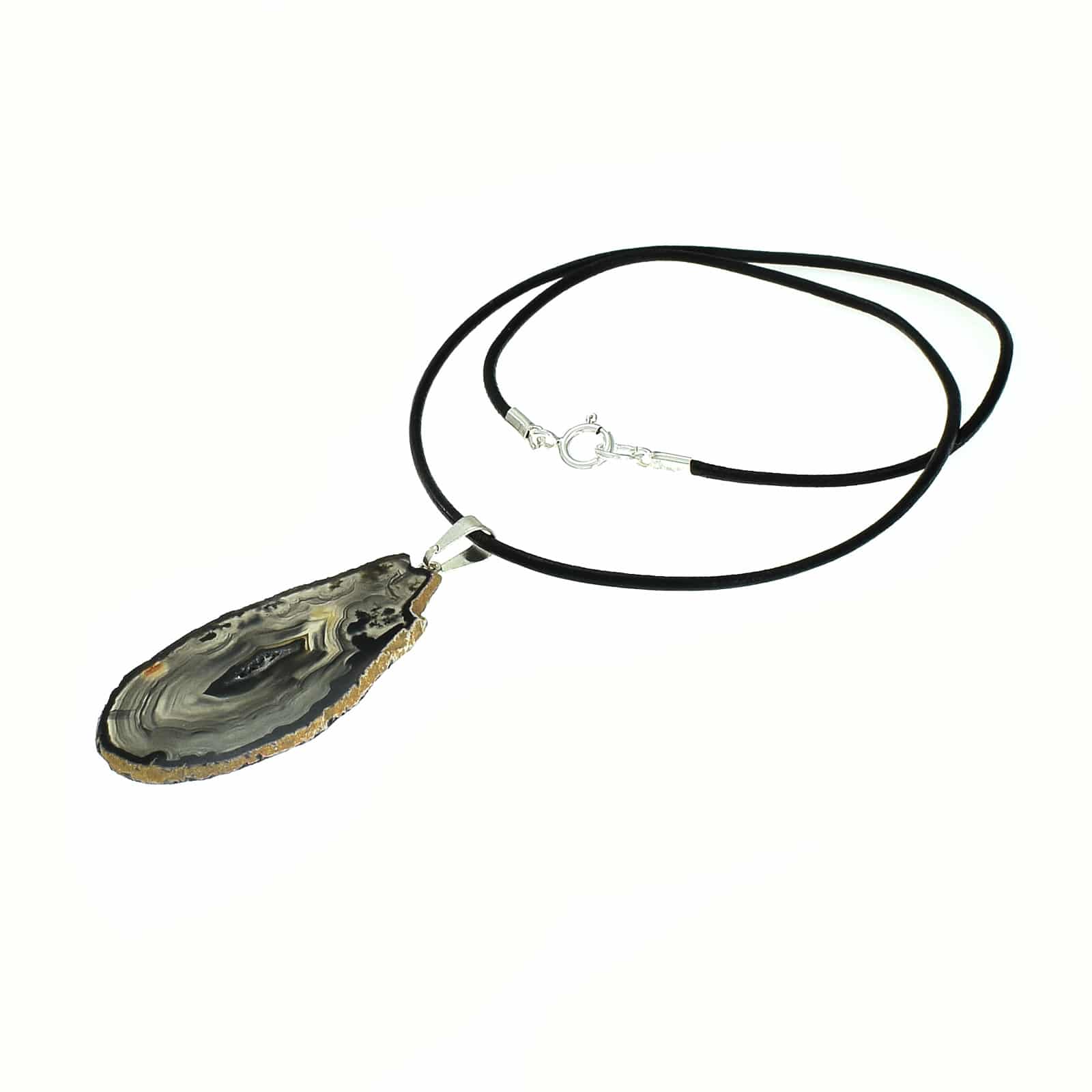 Black Agate pendant with silver plated hypoallergenic metal. The Agate is polished on both sides and threaded on a black leather with clasp made of sterling silver. Buy online shop.