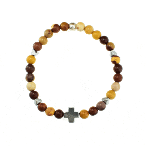 Handmade bracelet with a round sterling silver element, Jasper, Hematite arrows and a Hematite cross, as a central element. The gemstones are threaded on a silicone elastic. Buy online shop.