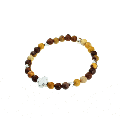 Handmade bracelet with a round sterling silver element, Jasper, Hematite arrows and a Hematite cross, as a central element. The gemstones are threaded on a silicone elastic. Buy online shop.