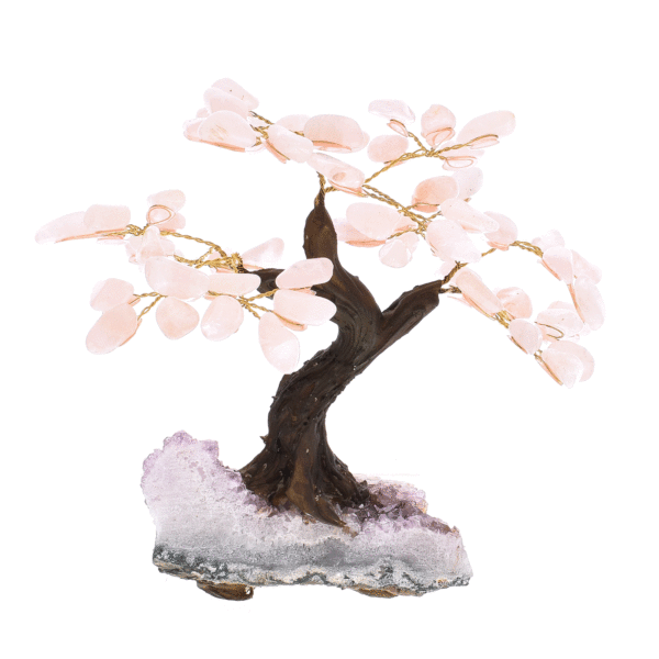 Χειροποίητο δεντράκι με γυαλισμένα φύλλα φυσικής πέτρας ροζ χαλαζία και βάση από ακατέργαστο φυσικό πέτρωμα αμεθύστου. Το δεντράκι έχει ύψος 15cm. Αγοράστε online shop.