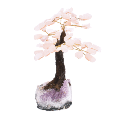 Handmade tree with polished leaves made of rose quartz gemstones and raw amethyst gemstone base. The tree has a height of 15cm. Buy online shop.