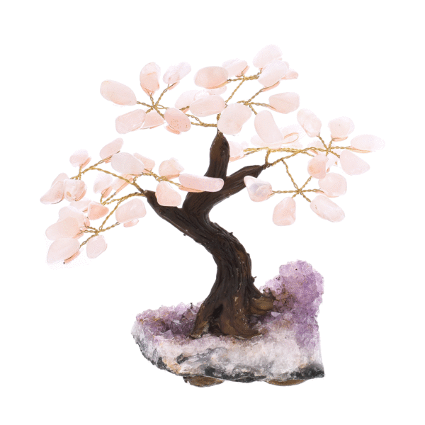 Handmade tree with polished leaves made of rose quartz gemstones and raw amethyst gemstone base. The tree has a height of 15cm. Buy online shop.