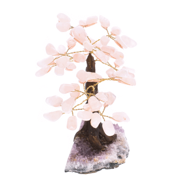 Handmade tree with polished leaves made of rose quartz gemstones and raw amethyst gemstone base. The tree has a height of 15cm. Buy online shop.