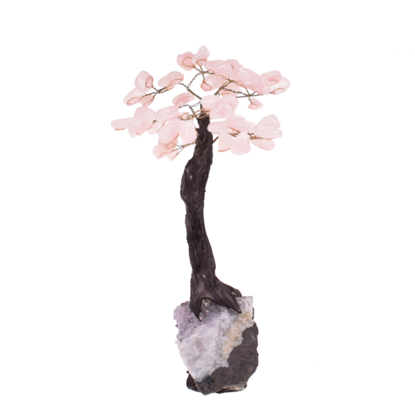 Handmade tree with leaves of natural baroque rose quartz gemstones and natural amethyst base. The tree has a height of 22cm. 