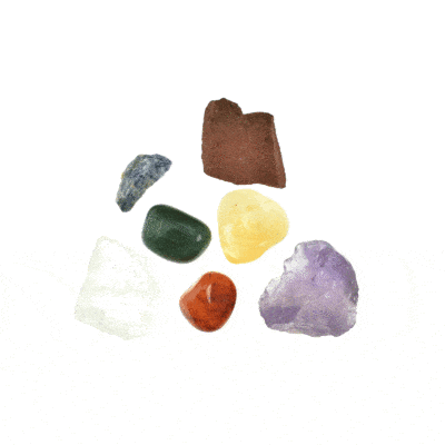 Stone collection with the colors of chakra. This stone collection includes raw Amethyst, Crystal Quartz and Sodalite pieces and polished Aventurine, Citrine and Carnelian pieces. Buy online shop.