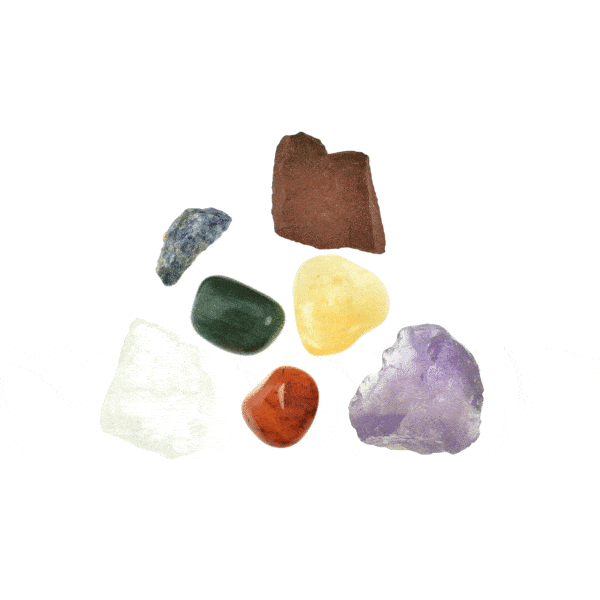 Stone collection with the colors of chakra. This stone collection includes raw Amethyst, Crystal Quartz and Sodalite pieces and polished Aventurine, Citrine and Carnelian pieces. Buy online shop.