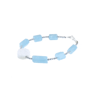 Handmade bracelet with raw Aquamarine, Agate brilio and Hematite gemstones and clasp made of sterling silver. Buy online shop.