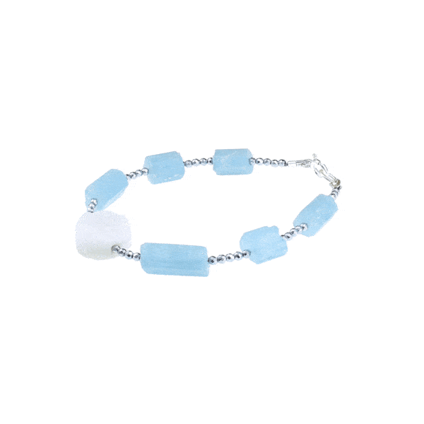 Handmade bracelet with raw Aquamarine, Agate brilio and Hematite gemstones and clasp made of sterling silver. Buy online shop.