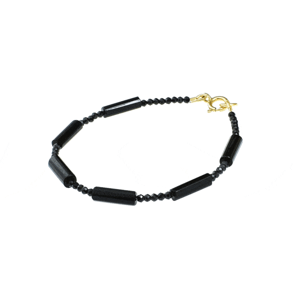 Handmade bracelet with natural Onyx and Spinel gemstones and clasp made of gold plated sterling silver. Buy online shop.