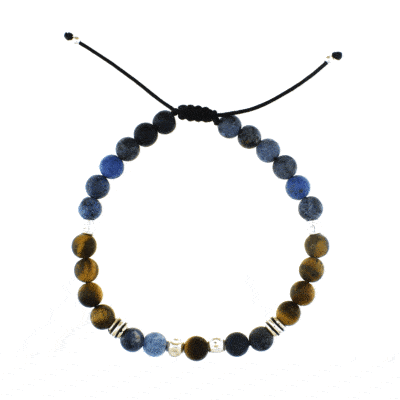 Macrame bracelet with Sodalite and Tiger Eye gemstones, threaded on a black string. The bracelet is decorated with elements made of sterling silver. Buy online shop.