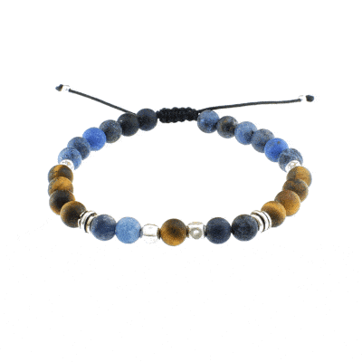 Macrame bracelet with Sodalite and Tiger Eye gemstones, threaded on a black string. The bracelet is decorated with elements made of sterling silver. Buy online shop.