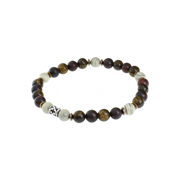 Handmade bracelet with natural Jasper and Hematite gemstones, threaded on an extra quality silicone elastic. The bracelet has a central decorative sterling silver element. Buy online shop.
