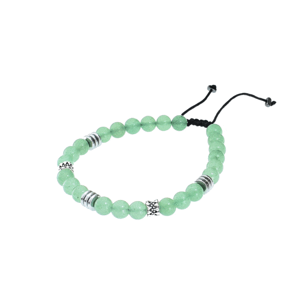 Handmade macrame bracelet with natural Aventurine and Hematite gemstones, threaded on a black string. The bracelet is decorated with elements made of sterling silver. Buy online shop.