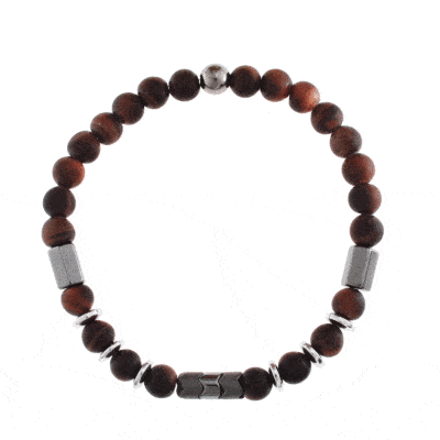 Handmade bracelet with red Tiger Eye and Hematite gemstones, threaded on an extra quality silicone elastic and one round sterling silver element. Buy online shop.