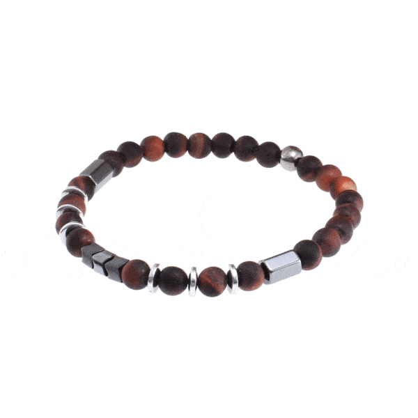 Handmade bracelet with red Tiger Eye and Hematite gemstones, threaded on an extra quality silicone elastic and one round sterling silver element. Buy online shop.