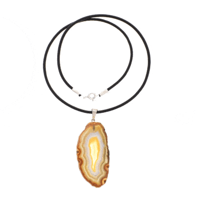 Natural brown agate gemstone pendant, polished on both sides. The agate has a silver plated hypoallergenic metal ring and it is threaded on a black leather with sterling silver clasp. Buy online shop.