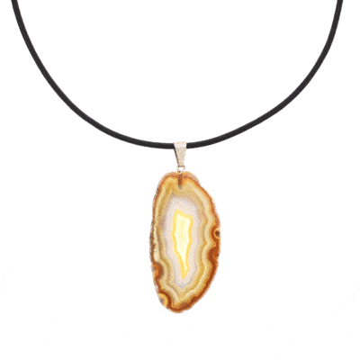 Natural brown agate gemstone pendant, polished on both sides. The agate has a silver plated hypoallergenic metal ring and it is threaded on a black leather with sterling silver clasp. Buy online shop.