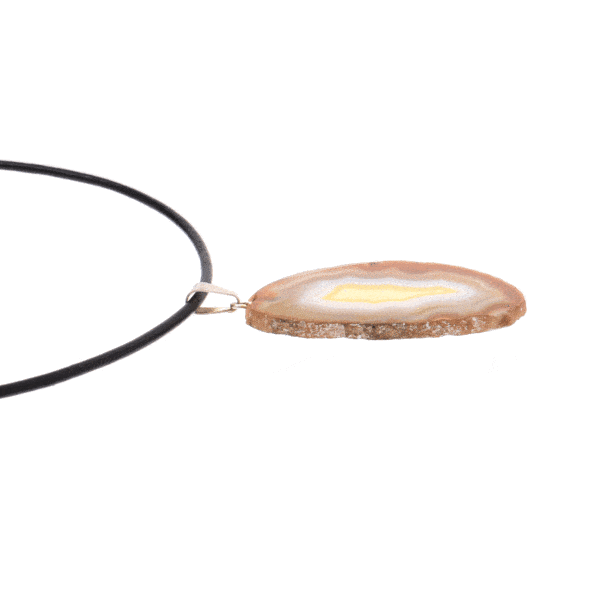 Natural brown agate gemstone pendant, polished on both sides. The agate has a silver plated hypoallergenic metal ring and it is threaded on a black leather with sterling silver clasp. Buy online shop.