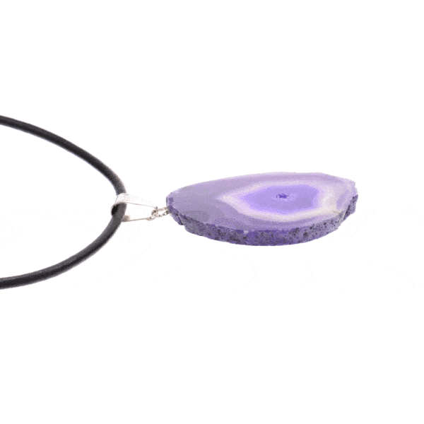 Natural agate gemstone pendant, artificially colored and polished on both sides. The agate has a silver plated hypoallergenic metal ring and it is threaded on a black leather with sterling silver clasp. Buy online shop.