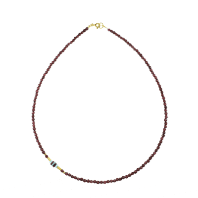 Handmade necklace with natural Garnet and Apatite gemstones and decorative elements made of gold plated sterling silver. Buy online shop.