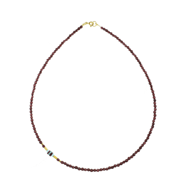 Handmade necklace with natural Garnet and Apatite gemstones and decorative elements made of gold plated sterling silver. Buy online shop.