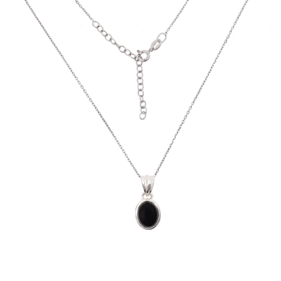 Handmade pendant made of sterling silver and natural onyx gemstone in an oval shape. The pendant is threaded on a sterling silver chain with adjustable length. Buy online shop.