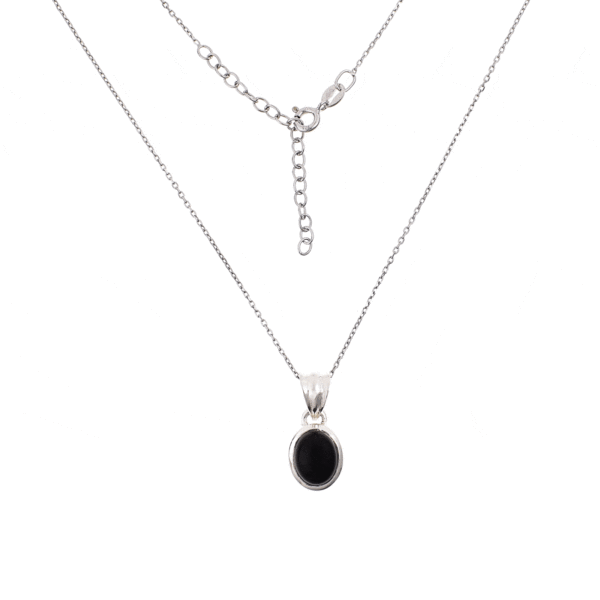 Handmade pendant made of sterling silver and natural onyx gemstone in an oval shape. The pendant is threaded on a sterling silver chain with adjustable length. Buy online shop.
