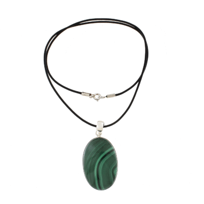 Handmade pendant made of sterling silver and natural malachite gemstone, in an oval shape. The pendant is threaded on a black leather with sterling silver clasp. Buy online shop.