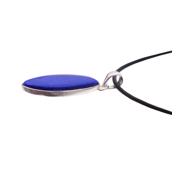 Handmade pendant made from sterling silver and natural lapis lazuli gemstone, in a marquise shape. The pendant is threaded on a black leather with sterling silver clasp. Buy online shop.