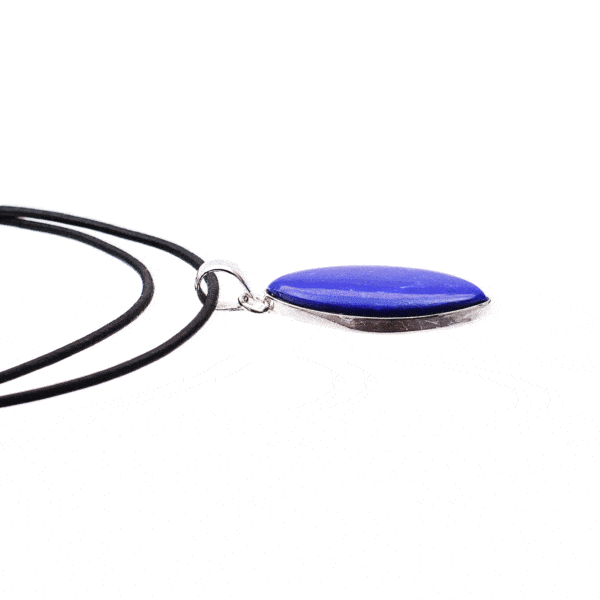 Handmade pendant made from sterling silver and natural lapis lazuli gemstone, in a marquise shape. The pendant is threaded on a black leather with sterling silver clasp. Buy online shop.