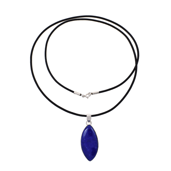 Handmade pendant made from sterling silver and natural lapis lazuli gemstone, in a marquise shape. The pendant is threaded on a black leather with sterling silver clasp. Buy online shop.