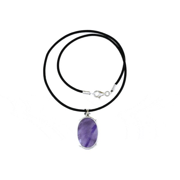 Handmade pendant made of sterling silver and raw Amethyst gemstone, in an oval shape. The pendant is threaded on a black leather, which has sterling silver clasp. Buy online shop.