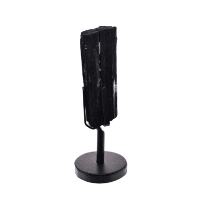 Rough natural black tourmaline gemstone, set on a sleek black metal base, with a total height of 23cm.